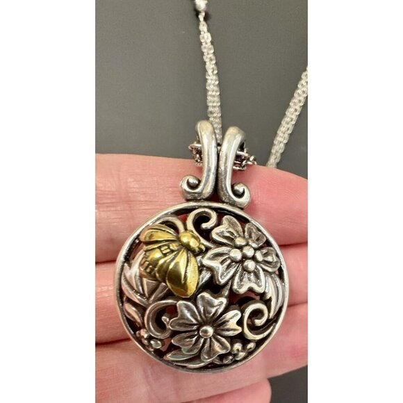 Brighton Floral Trellis Bee Flower Long Necklace 17” Silver Tone Statement Chain - Picture 3 of 12